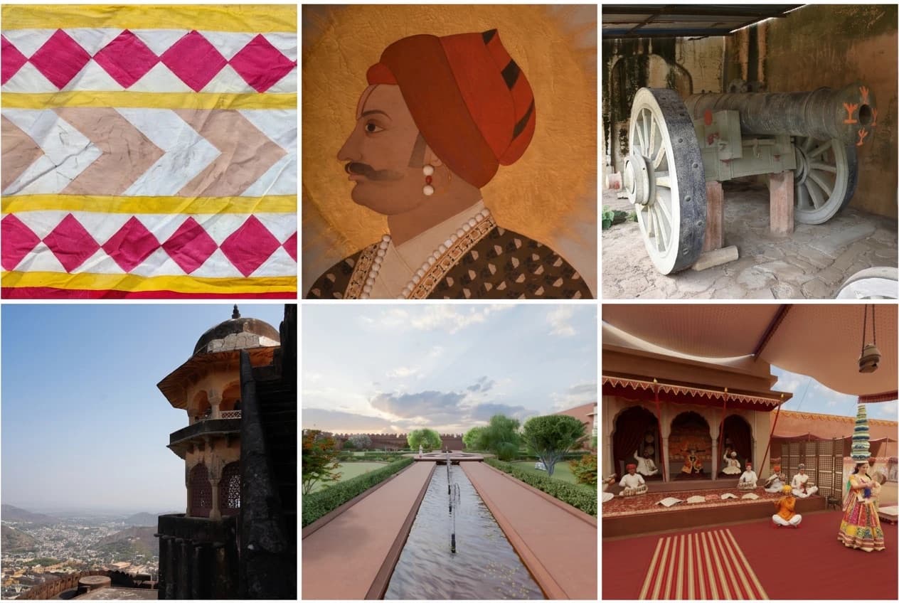 A grid of six tour topics: a patterned textile, a painted portrait of a Rajput noble, a cannon, a palace tower above the city, a reconstructed garden and a reconstructed courtyard with musicians and a dancer
