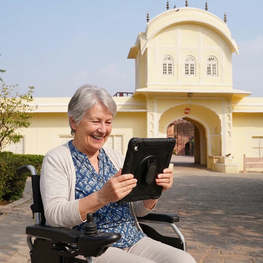 A smiling visitor in a powered wheelchair holds up a tour tablet in a courtyard of Jaigarh Fort